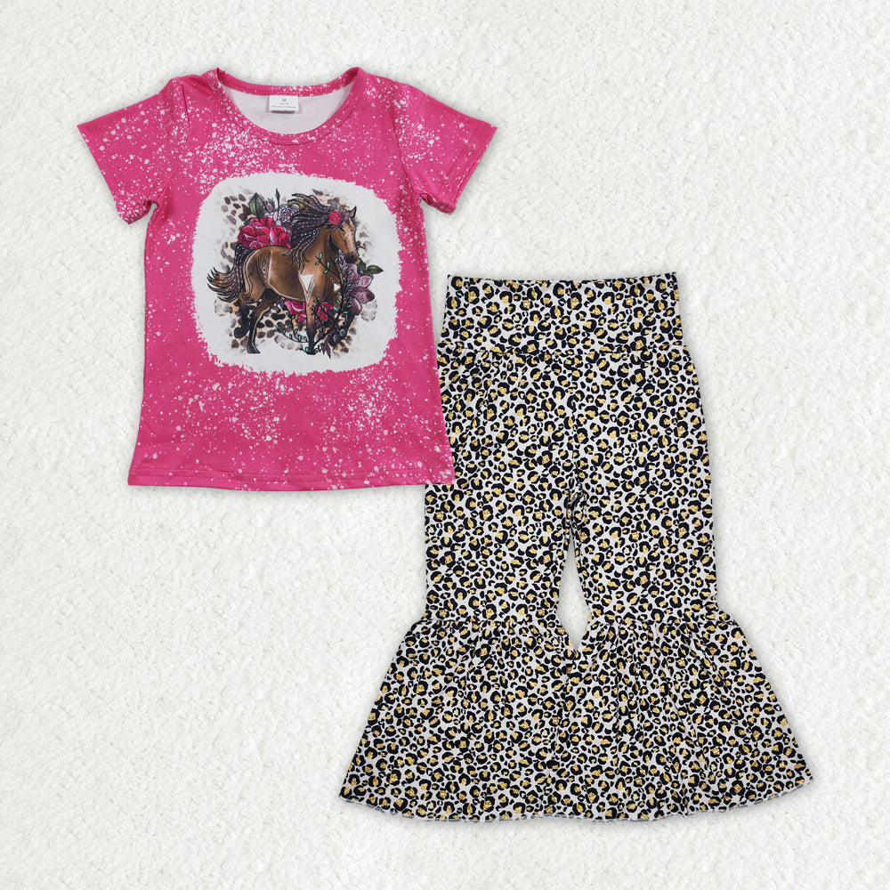 RTS NO MOQ ETA 5/7days Arrived GT0122+P0460 Girls horse flower rose red short-sleeved top Brown leopard light-colored trousers sets