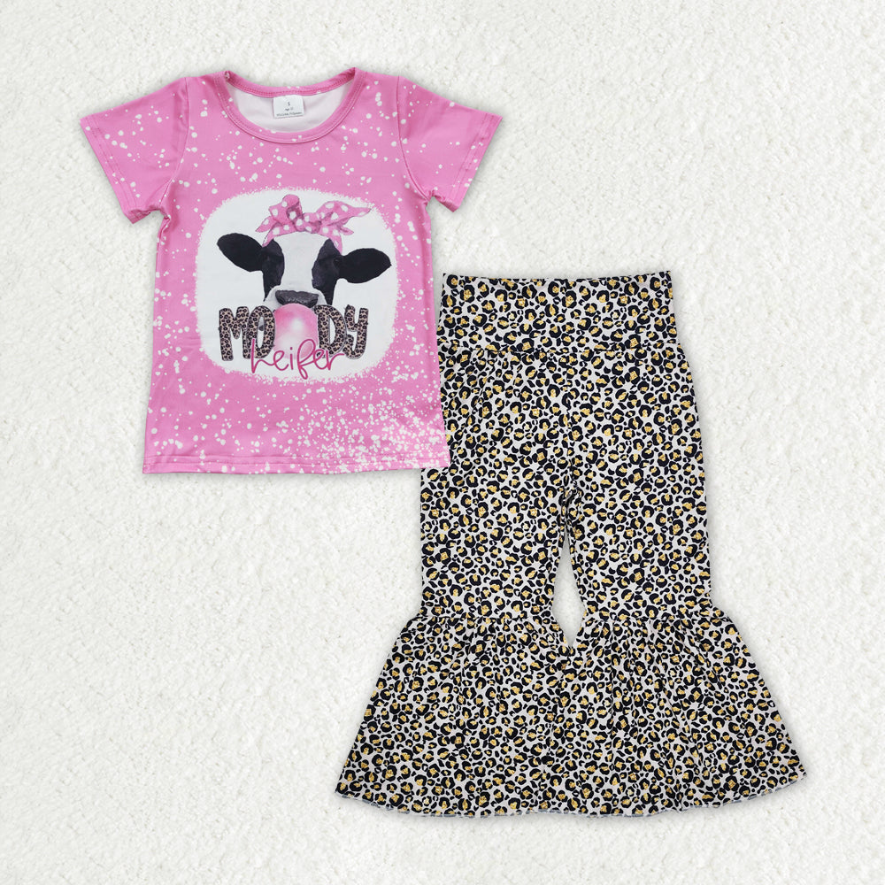 RTS NO MOQ ETA 5/7days Arrived GT0128+P0460 Girls MOODY cow pink short-sleeved top Brown leopard light-colored trousers sets