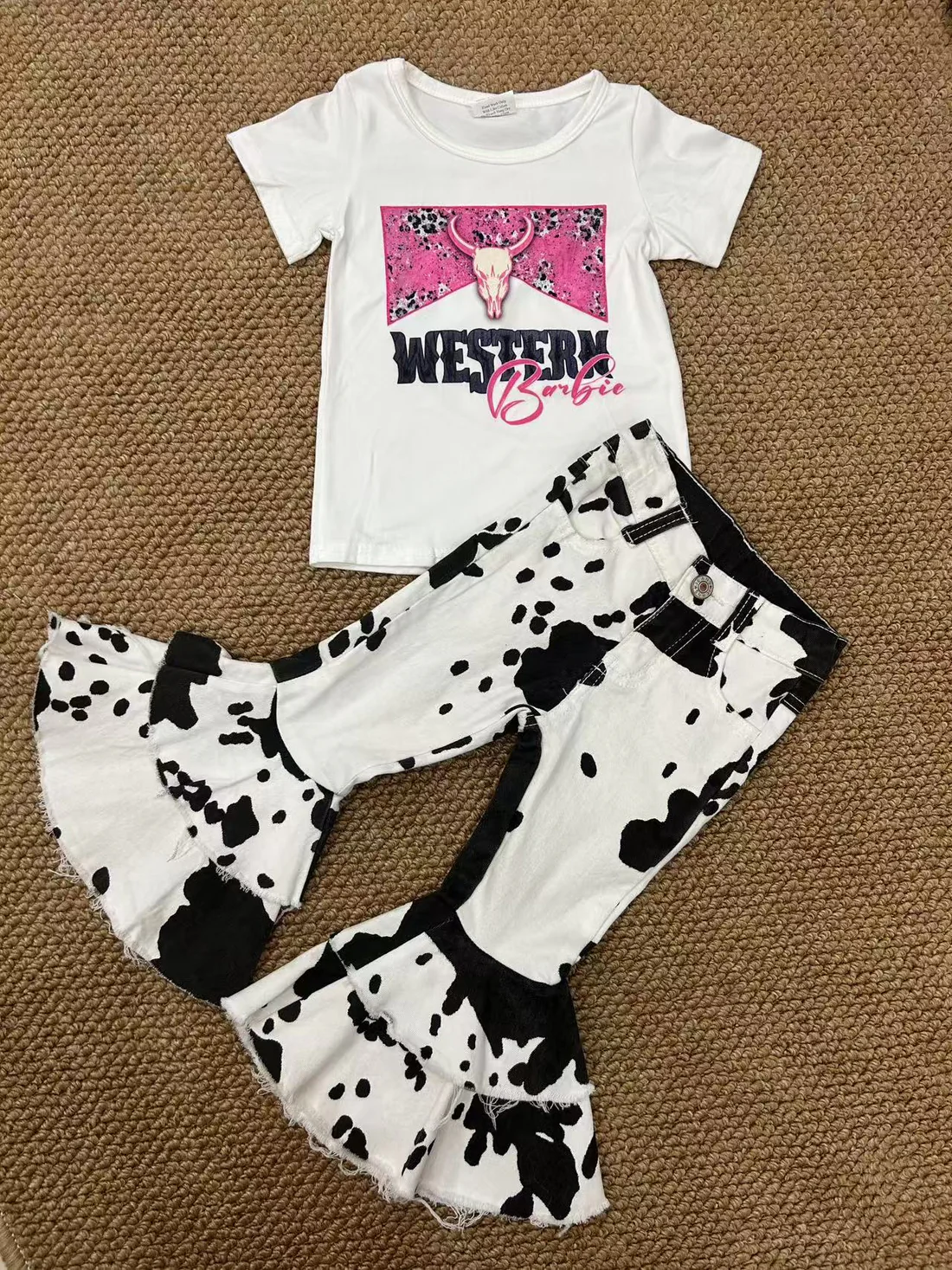 RTS NO MOQ ETA 5/7days Arrived GT0134+P0001 Girls' WESTERN pink bull head white short-sleeved top Black denim cow print double lace trousers sets