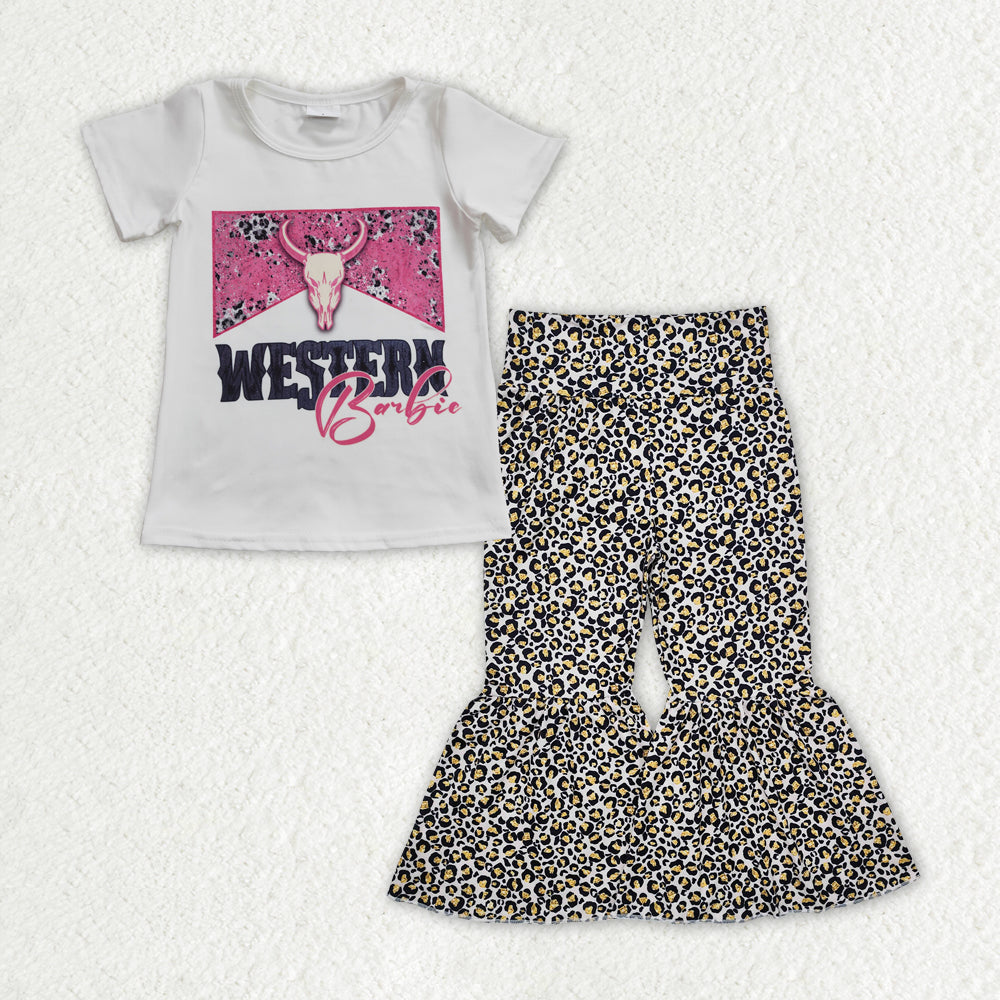 RTS NO MOQ ETA 5/7days Arrived GT0134+P0460 Girls WESTERN pink bull head white short-sleeved top Brown leopard light-colored trousers sets