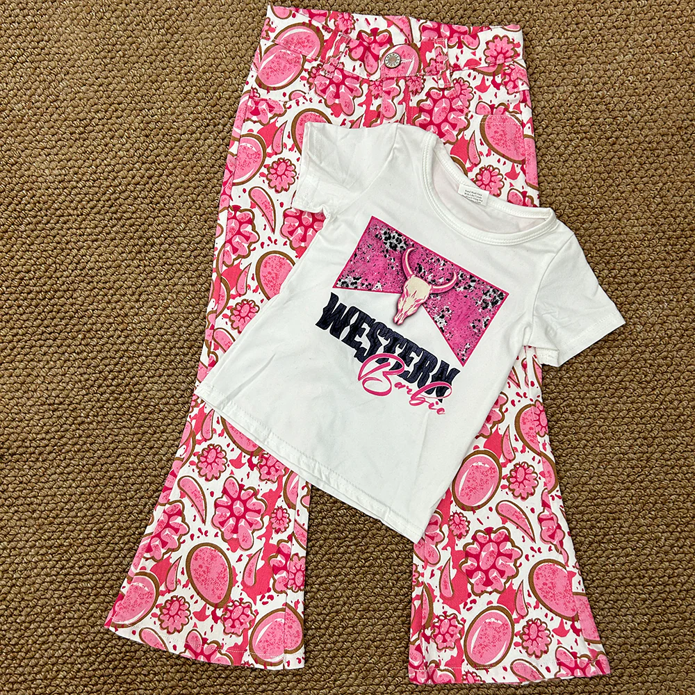 RTS NO MOQ ETA 5/7days Arrived GT0134+P0735 Girls' WESTERN pink bull head white short-sleeved top gemstone denim pants sets