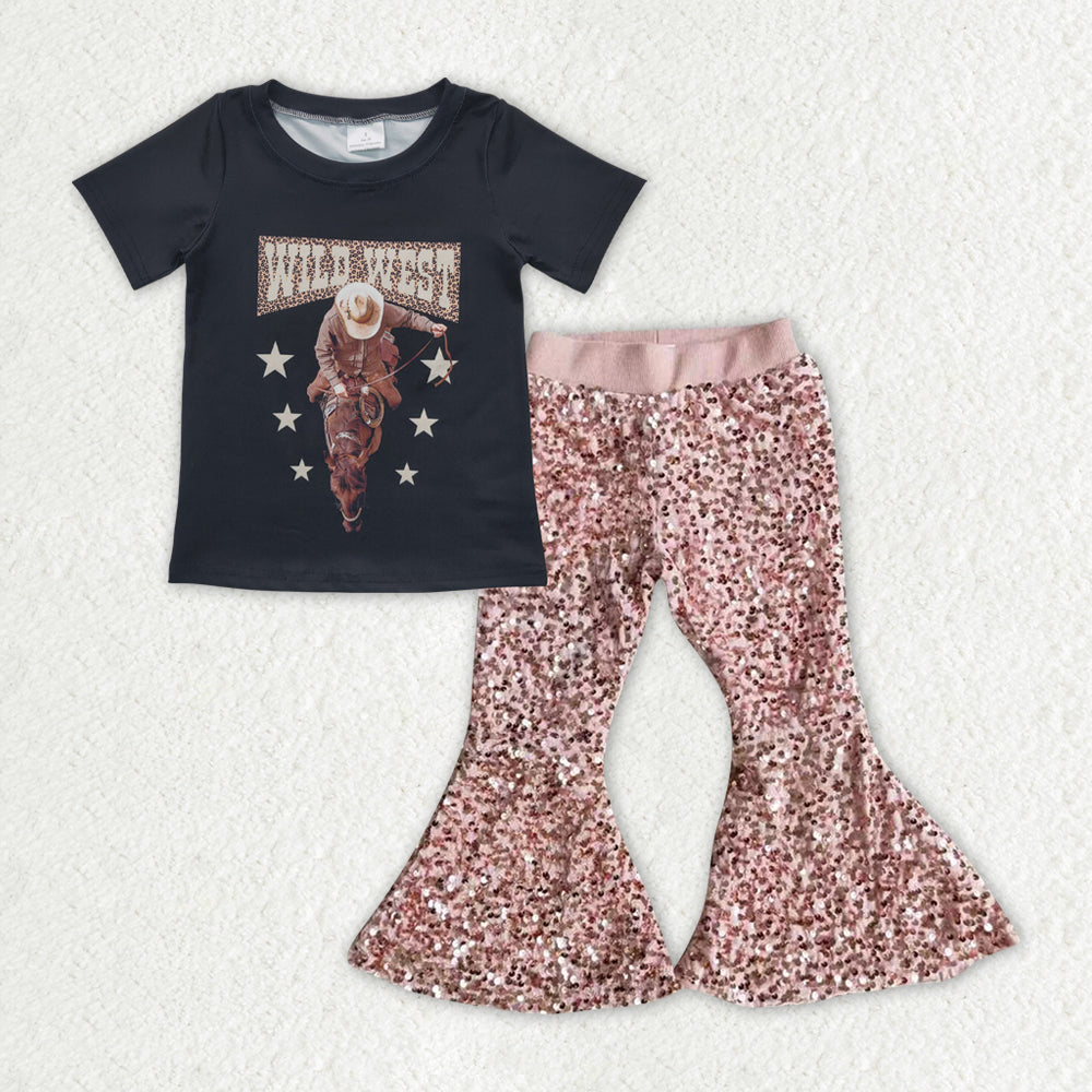 RTS NO MOQ ETA 5/7days Arrived girls WILD WEST horse riding black short-sleeved top pink sequin flared pants sets