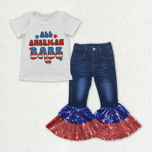 rts no moq GT0179+P0430 Girls National Day BABE White Short Sleeve Top Red and blue sequined dark blue denim pants