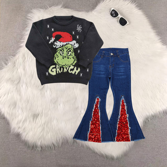 RTS NO MOQ（In Stock ) GT0188+P0532 baby girl clothes Christmas cartoon long-sleeved sweater denim trousers set