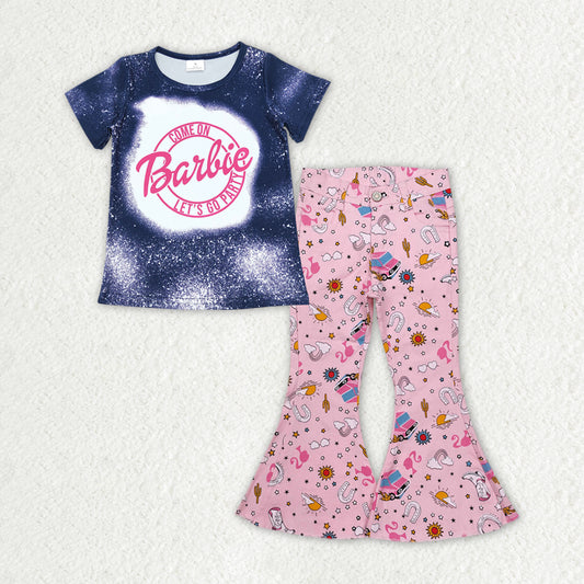 RTS NO MOQ ETA 5/7days Arrived GT0310+P0407 Barbie letter blue and black short-sleeved top cactus hat star glasses rainbow pink denim pants sets