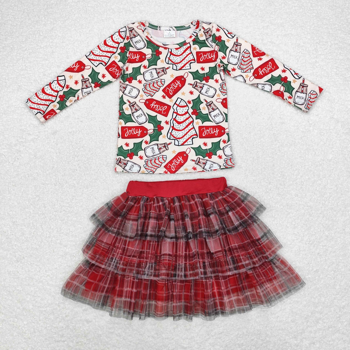 rts no moq GT0325+GLK0033 Christmas tree biscuit milk long-sleeved top British campus style three-layer tulle skirt red and black striped skirt 2 pcs set