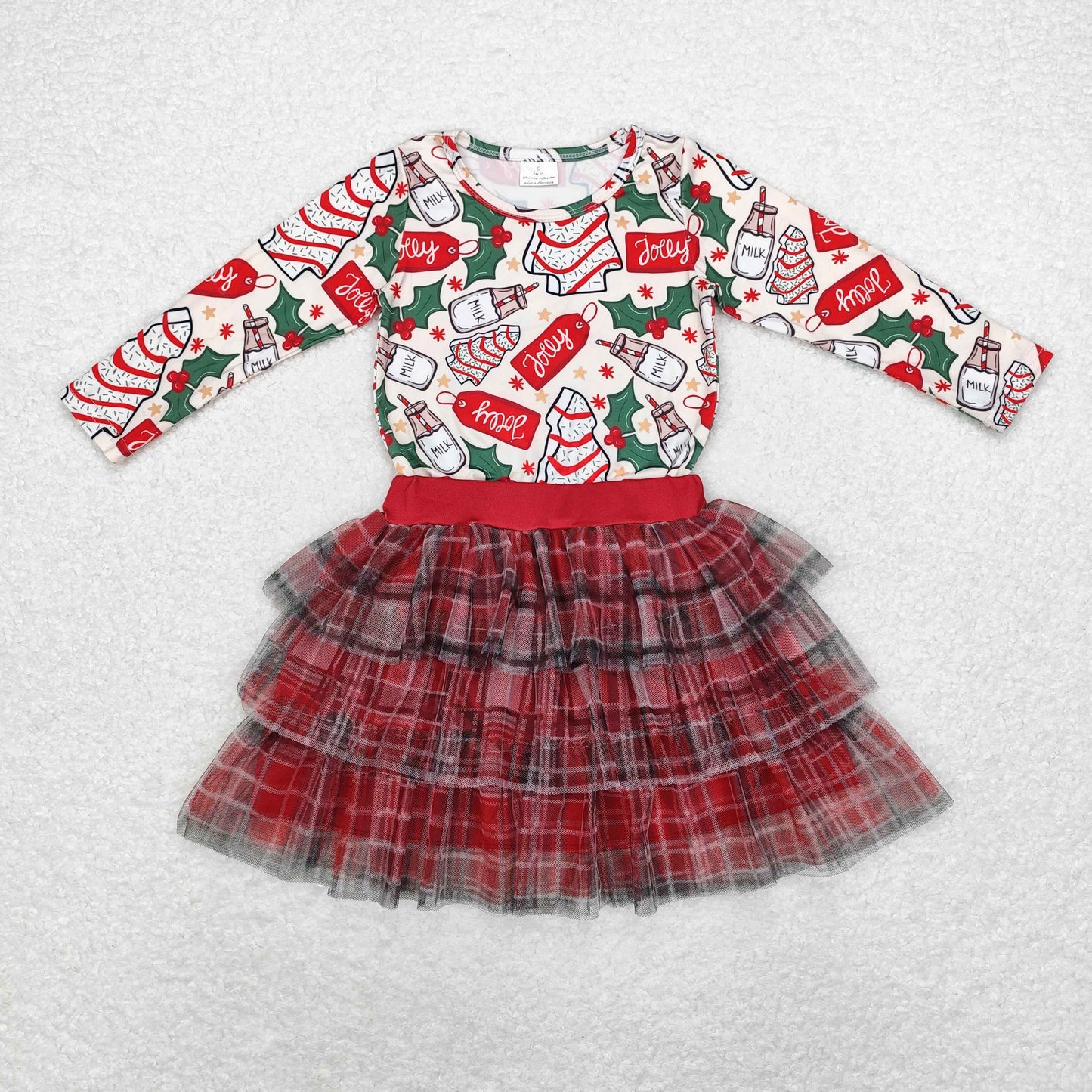 rts no moq GT0325+GLK0033 Christmas tree biscuit milk long-sleeved top British campus style three-layer tulle skirt red and black striped skirt 2 pcs set