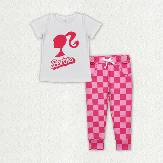RTS NO MOQ ETA 5/7days Arrived GT0344+P0700 Barbie head portrait white short-sleeved top Rose red plaid lace-up trousers sets
