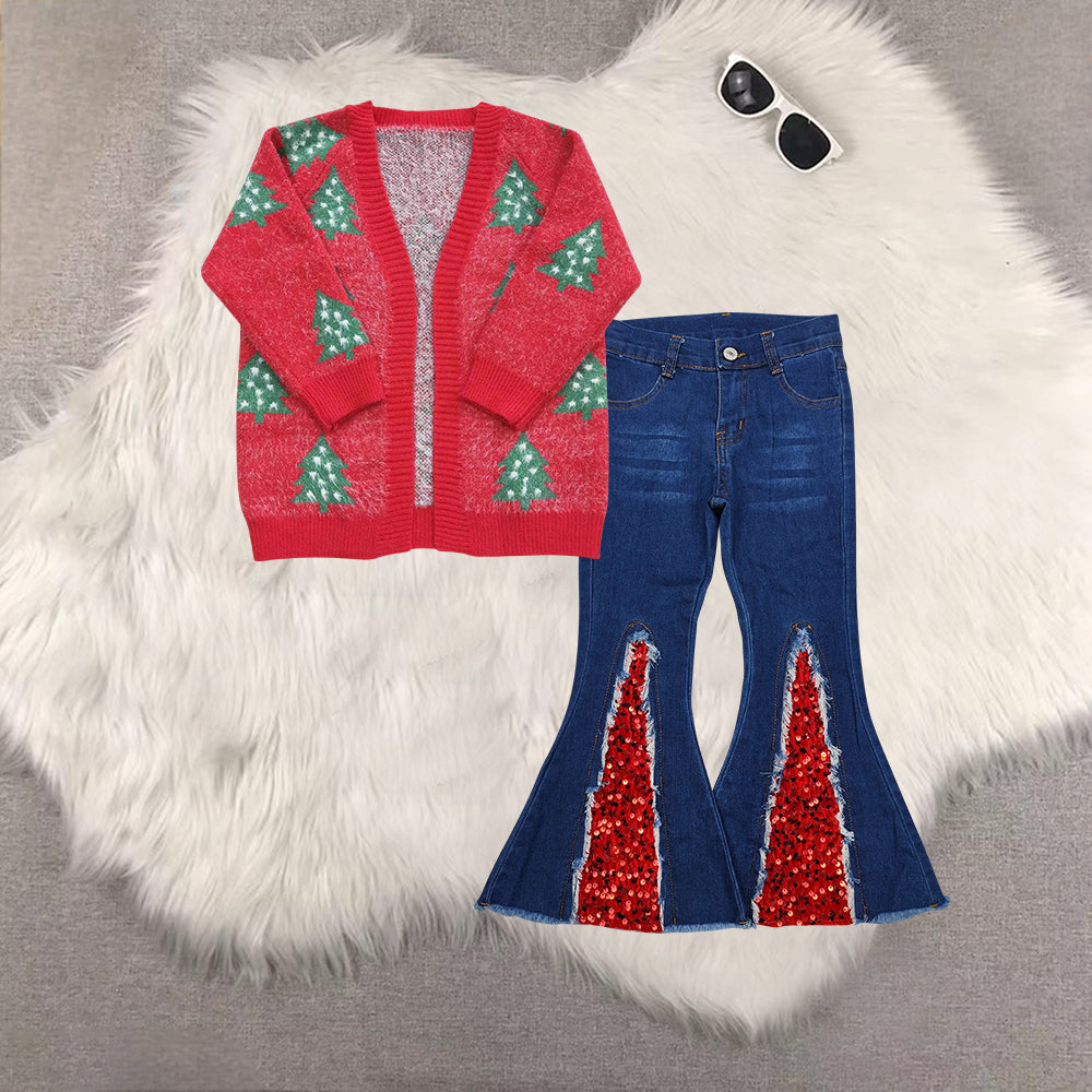 RTS NO MOQ（In Stock ) GT0356+P0532 baby girl clothes Christmas cartoon red long-sleeved sweater denim trousers set