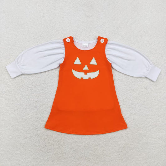 RTS no moq GT0370+GSD1376 White long-sleeved top Embroidered Halloween smiley face orange sleeveless dress 2 pieces set