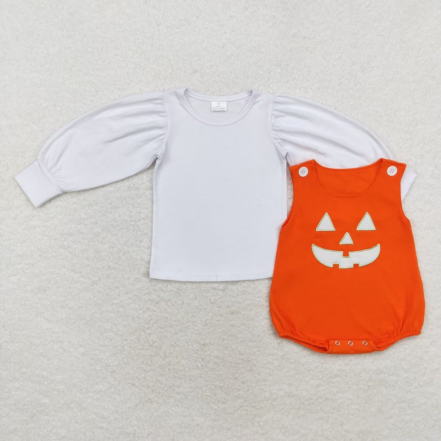 RTS no moq GT0370+SR1937 White long-sleeved top Embroidered Halloween smiley orange vest jumpsuit 2 pieces sets