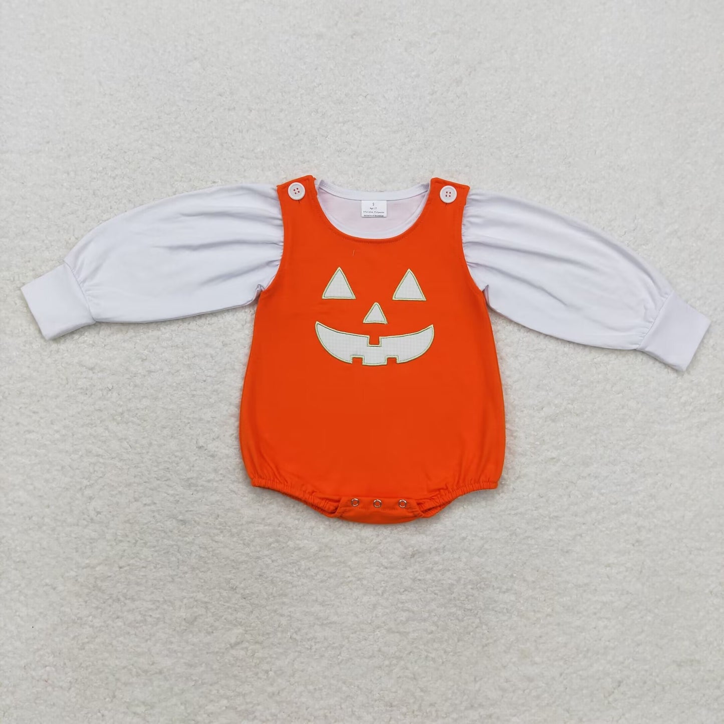 RTS no moq GT0370+SR1937 White long-sleeved top Embroidered Halloween smiley orange vest jumpsuit 2 pieces sets