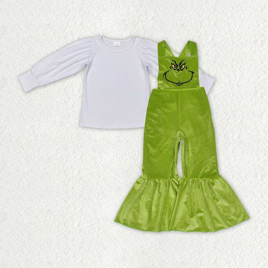 RTS NO MOQ ETA 5/7days Arrived GT0370+SR2013 White long-sleeved top Grinch embroidered smiley green gold velvet suspender jumpsuit sets