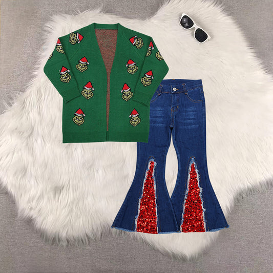 RTS NO MOQ（In Stock ) GT0371+P0532 baby girl clothes Christmas cartoon green long-sleeved sweater denim trousers set