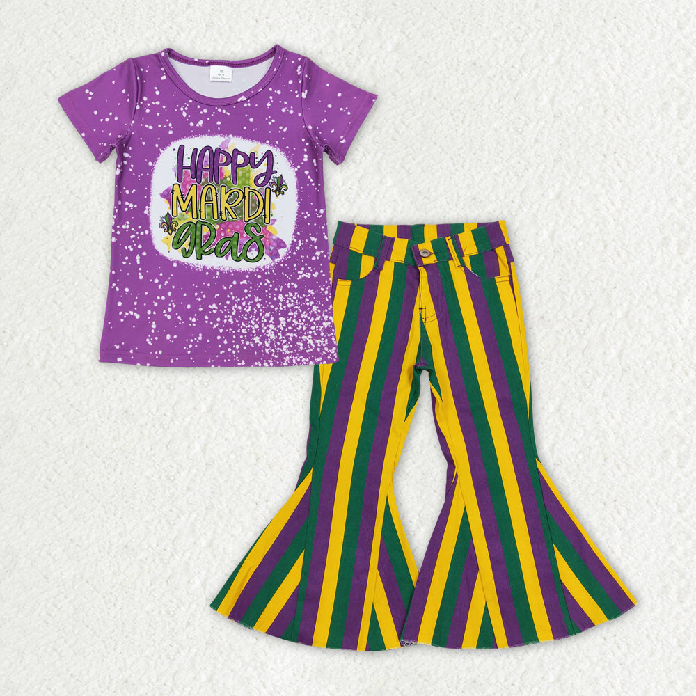 RTS NO MOQ ETA 5/7days Arrived GT0374+P0327 Happy Mardi gras short sleeve top Purple green and gold striped denim trousers sets