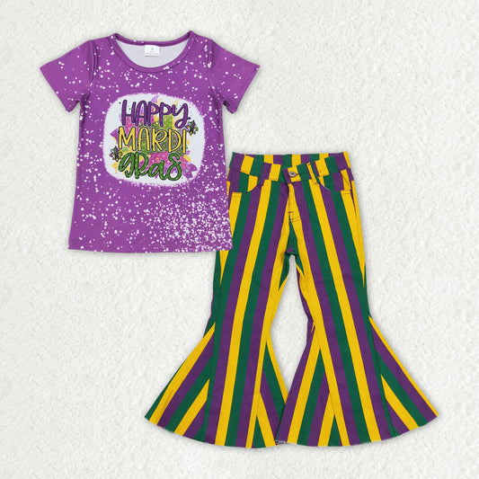 RTS NO MOQ ETA 5/7days Arrived GT0374+P0327 Happy Mardi gras short sleeve top Purple green and gold striped denim trousers sets