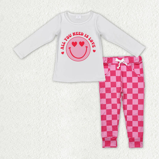 RTS NO MOQ ETA 5/7days Arrived GT0388+P0700 All you need is love heart smiley face white long-sleeved top plaid lace trousers sets