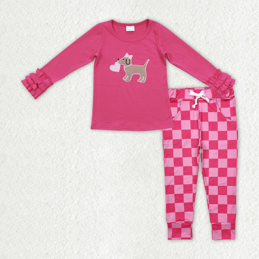 RTS NO MOQ ETA 5/7days Arrived GT0409+P0700 Embroidered heart bow puppy rose red lace long-sleeved top plaid lace trousers sets