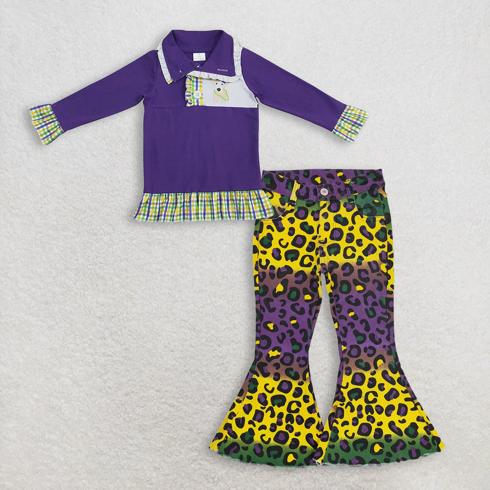 RTS NO MOQ Sibling Baby Girls Mardi Gras Outfit Set and top and jeans pants