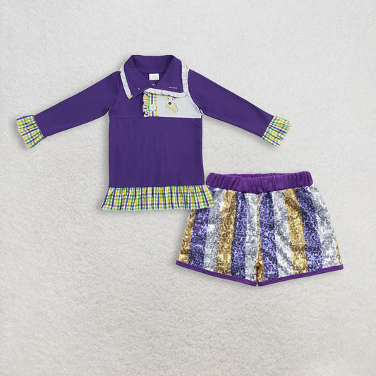 RTS NO MOQ（In Stock) mardi gras long sleeved top sequined shorts set