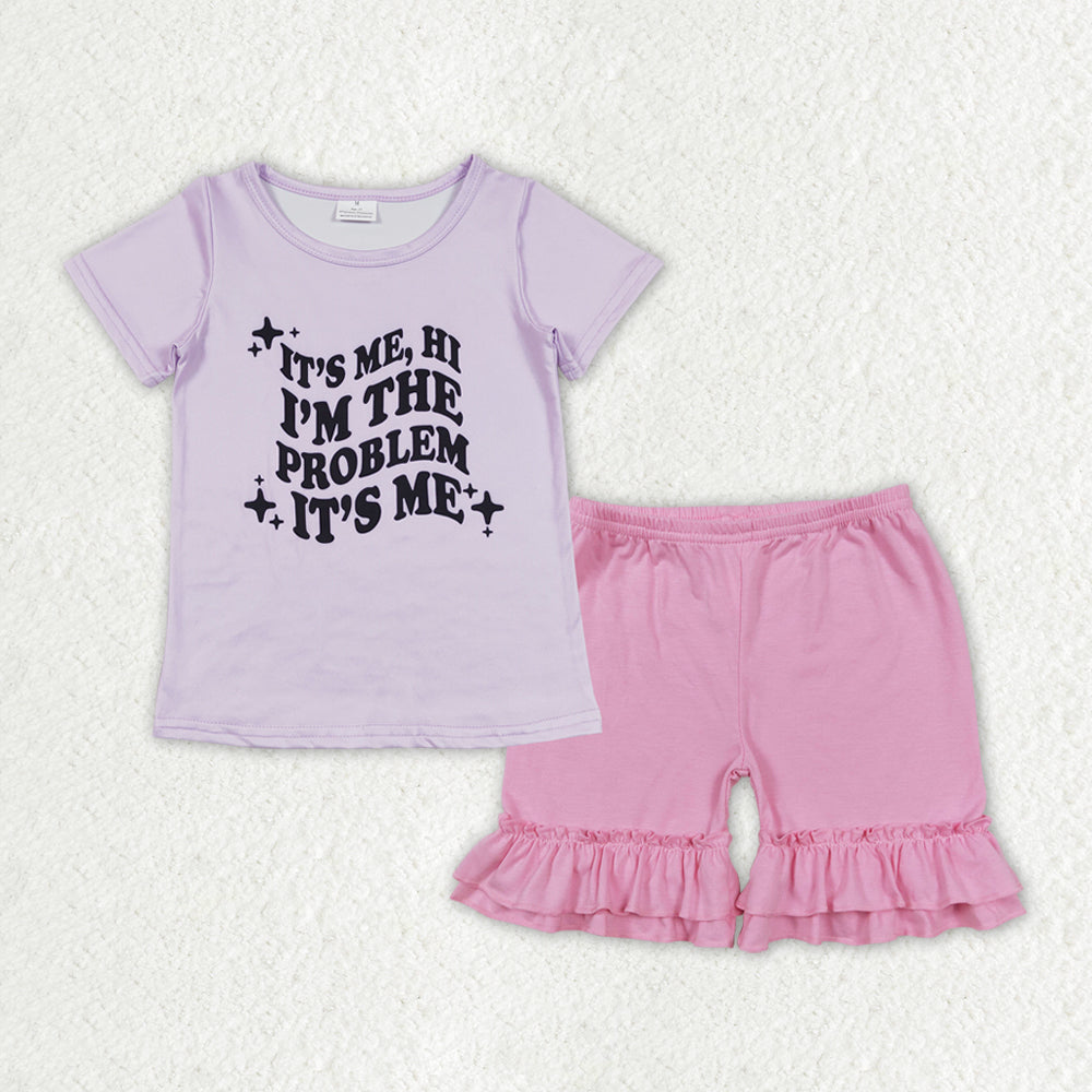 RTS no moq GT0432+SS0181  problem letter purple short-sleeved top Pink and purple lace shorts