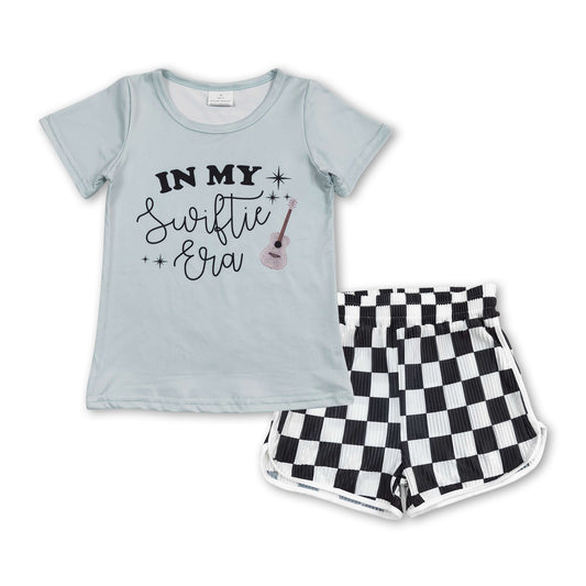 RTS no moq GT0433+SS0209 in my swiftie era letter teal short sleeve top Black and white plaid shorts