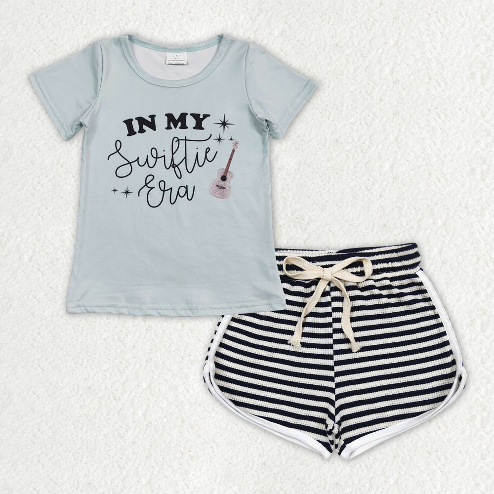 GT0433+SS0288 in my swiftie era letter teal short sleeve top Black and white striped waffle shorts