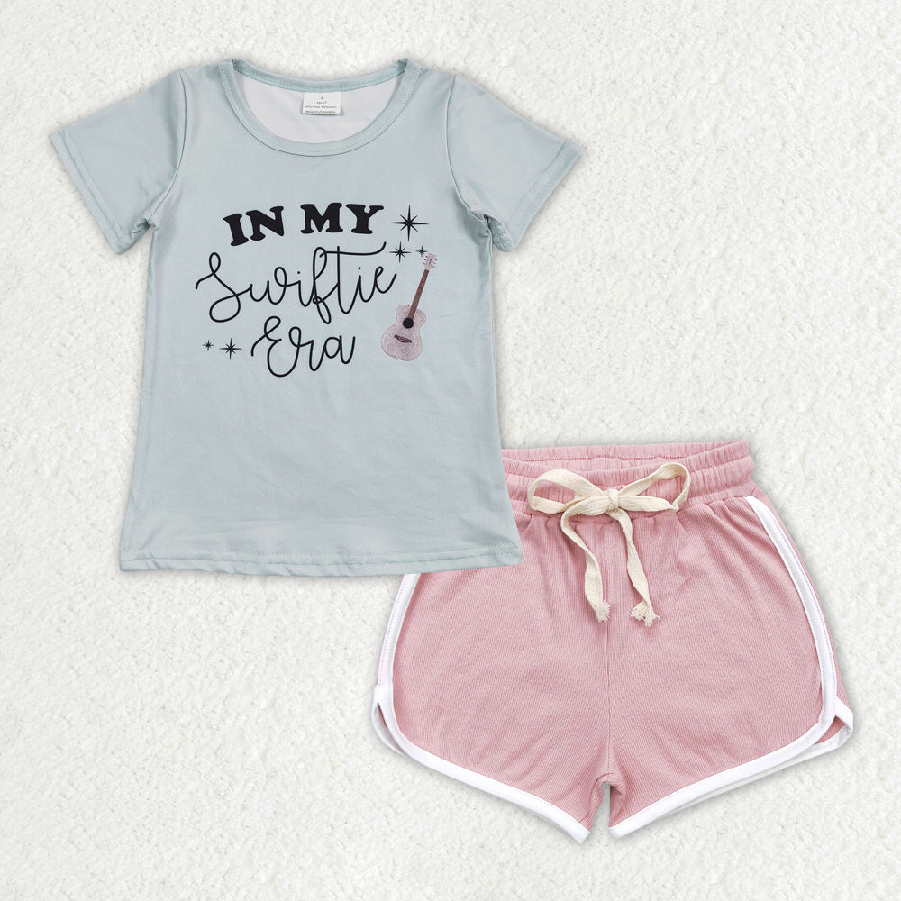 GT0433+SS0292 in my swiftie era letter teal short sleeve top Light pink shorts