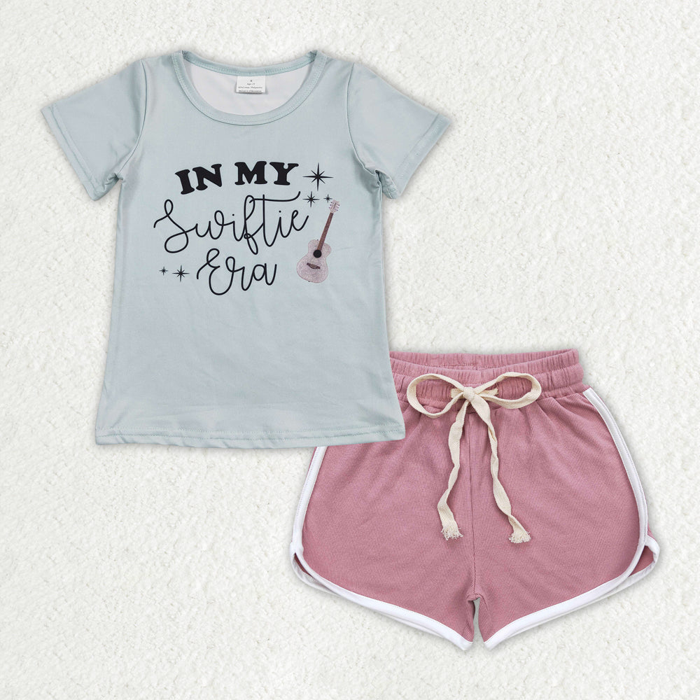 GT0433+SS0293 in my swiftie era letter teal short sleeve top Dark pink shorts