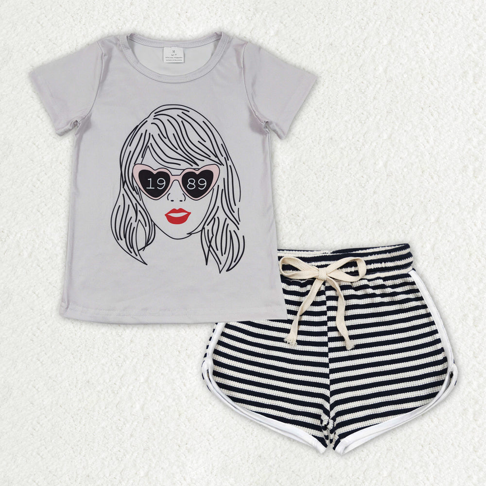 GT0434+SS0288 1989 taylor swift gray short-sleeved top Black and white striped waffle shorts