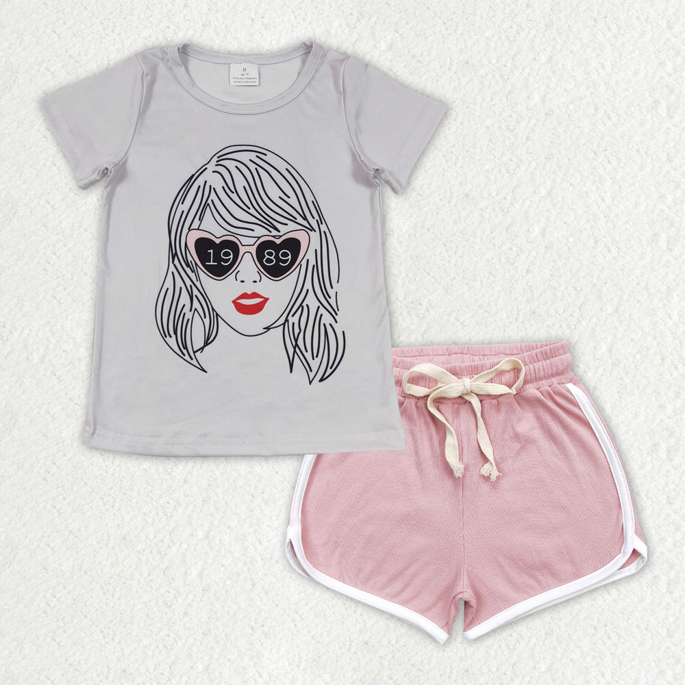 GT0434+SS0292 1989 taylor swift gray short-sleeved top Light pink shorts