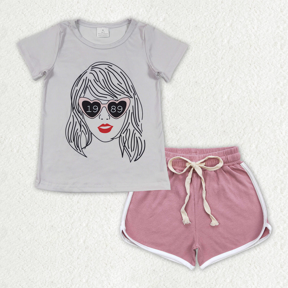 GT0434+SS0293 1989 taylor swift gray short-sleeved top Dark pink shorts