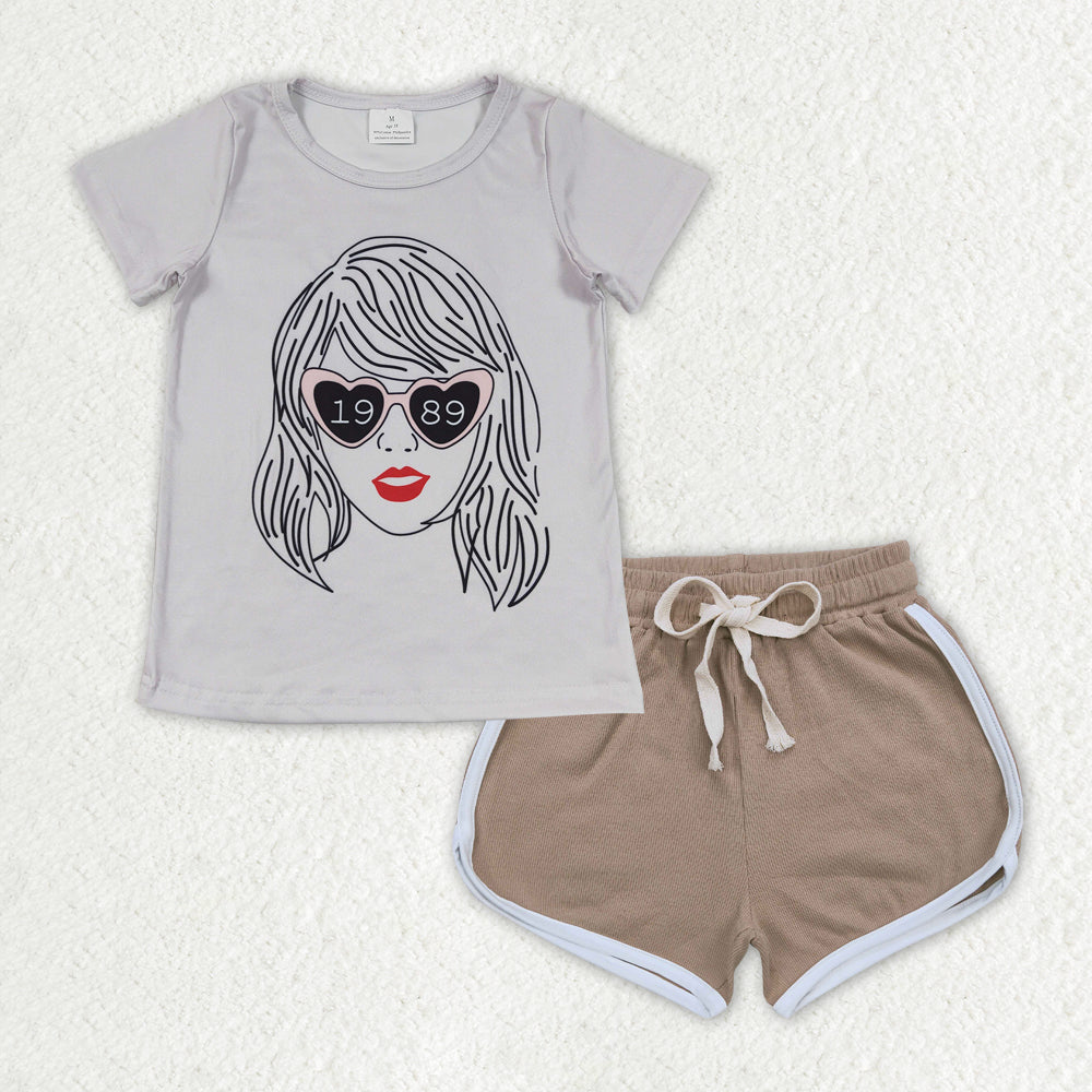 GT0434+SS0294 1989 taylor swift gray short-sleeved top brown shorts