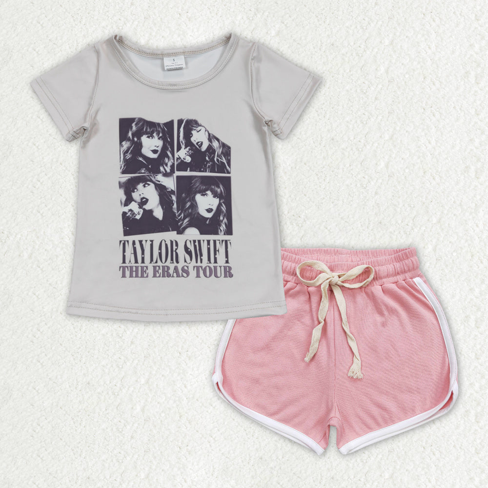 GT0435+SS0291 taylor swift beige short-sleeved top pink shorts