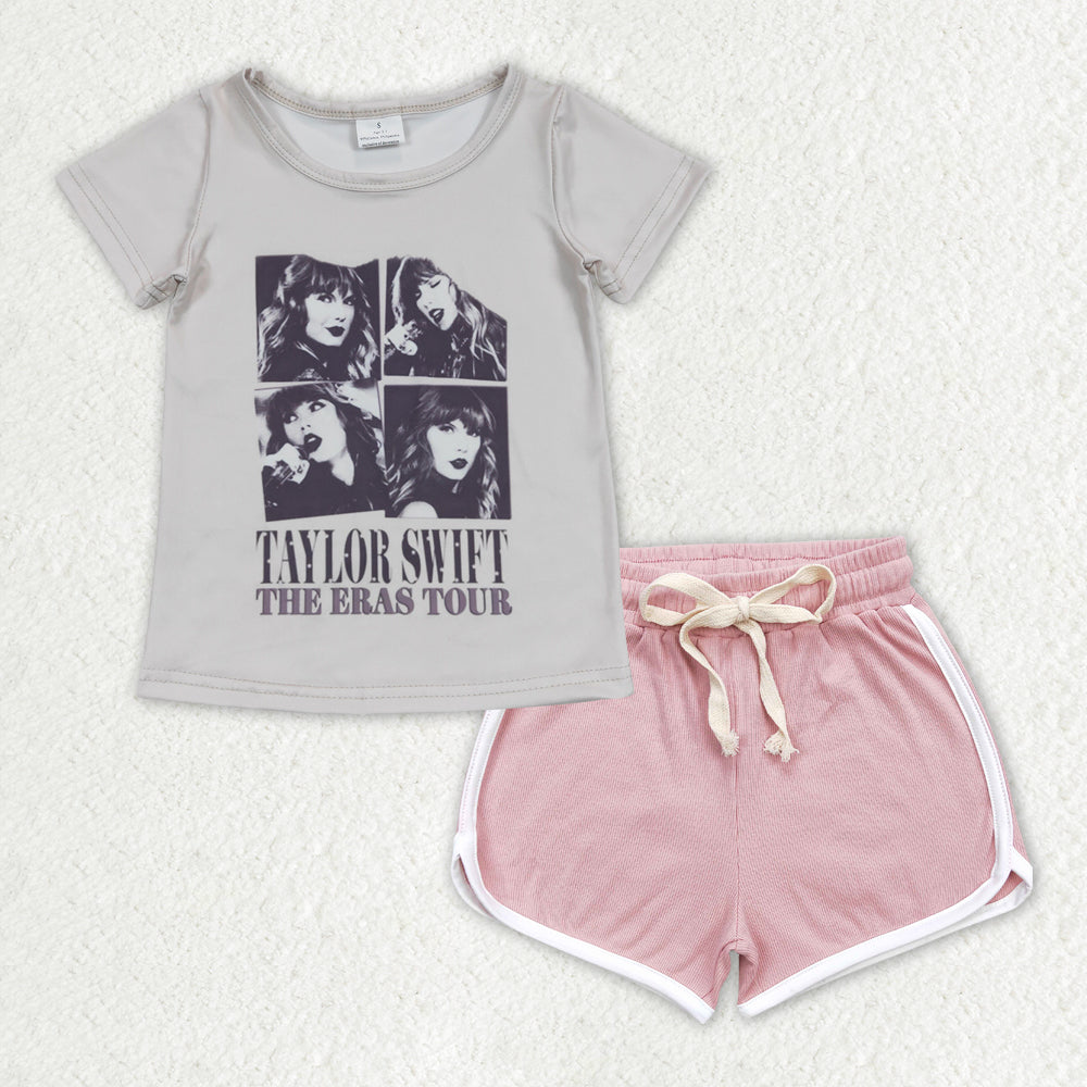 GT0435+SS0292 taylor swift beige short-sleeved top light pink shorts