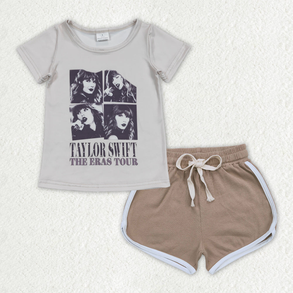 GT0435+SS0294 taylor swift beige short-sleeved top brown shorts