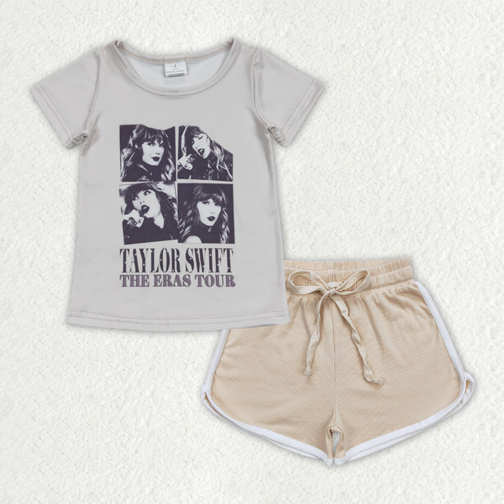 GT0435+SS0295 taylor swift beige short-sleeved top light brown shorts