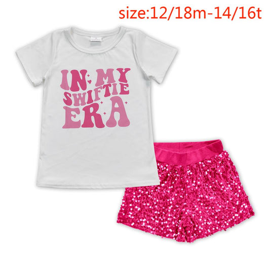 no moq GT0437+SS0351 pre-order items in my swiftie era white short sleeve top with letters rose red sequined shorts