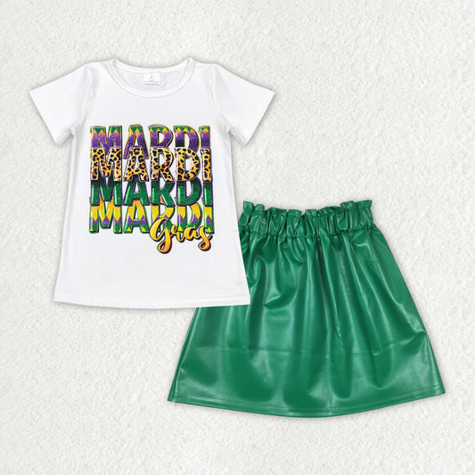 RTS NO MOQ ETA 5/7days Arrived GT0442+GLK0018 Mardi gras letter white short-sleeved top Green leather skirt sets