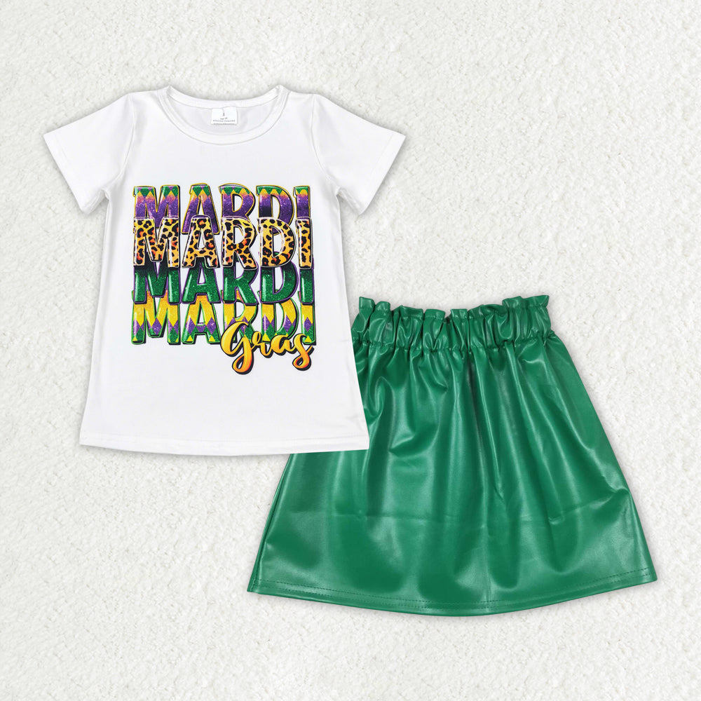 RTS NO MOQ ETA 5/7days Arrived GT0442+GLK0018 Mardi gras letter white short-sleeved top Green leather skirt sets