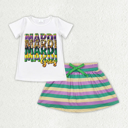 RTS NO MOQ ETA 5/7days Arrived GT0442+GLK0037 Mardi Gras lettering white short-sleeved top Carnival yellow, green and purple striped culottes skirt sets