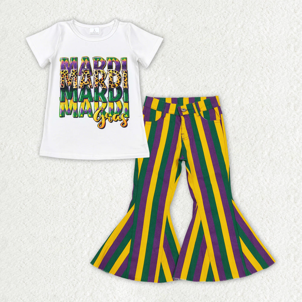 RTS NO MOQ ETA 5/7days Arrived GT0442+P0327 Mardi gras white short sleeve top Purple green and gold striped denim trousers sets