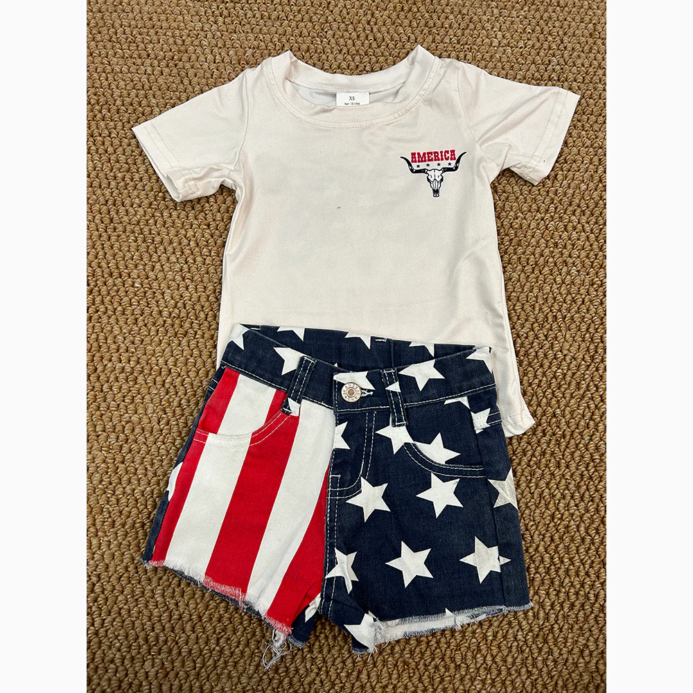 RTS NO MOQ ETA 5/7days Arrived GT0465+SS0168 america star alpine cow head beige short-sleeved top red and white striped star blue stitching denim shorts