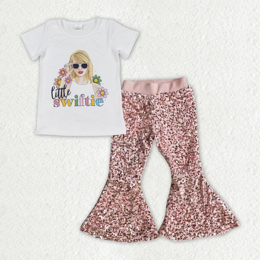 RTS NO MOQ ETA 5/7days Arrived GT0491+E2-28 little swiftie flower short-sleeved top pink sequin flared pants sets