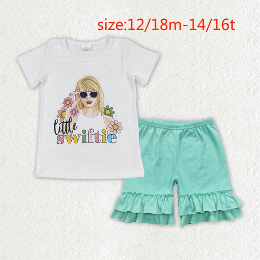 RTS no moq GT0491+SS0180 little swiftie flower short sleeve top Turquoise lace shorts