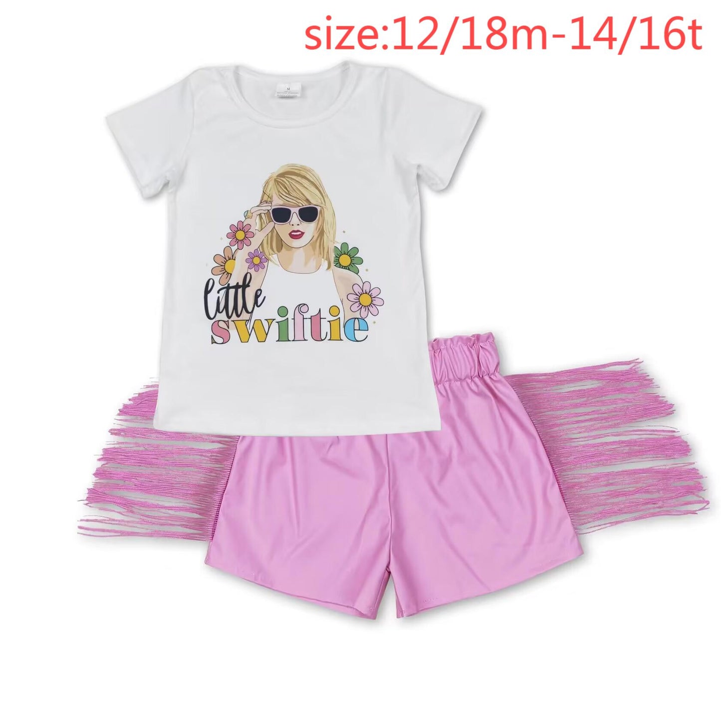 RTS NO MOQ GT0491+SS0222 little swiftie flower short-sleeved top Pink shiny leather tassel shorts sets
