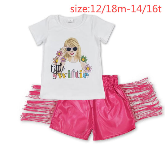 rts no moq GT0491+SS0223 little swiftie flower short-sleeved top rose red shiny leather tassel shorts sets