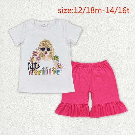 RTS no moq GT0491+SS0249 little swiftie flower short sleeve top Rose red lace shorts