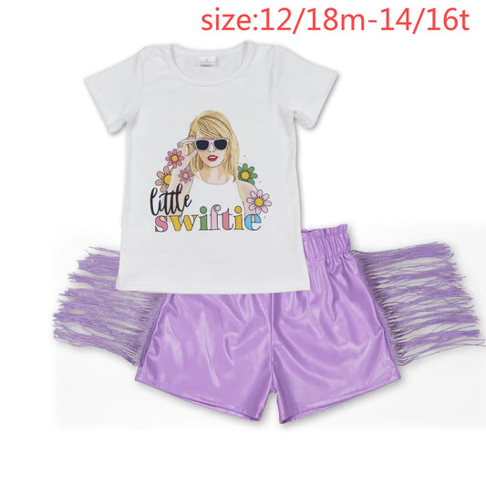 RTS NO MOQ GT0491 +SS0251 little swiftie flower short-sleeved top Purple Shiny Leather Tassel Shorts sets