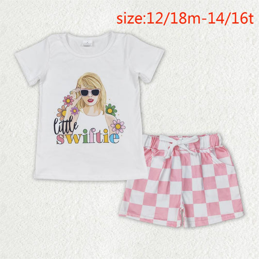 rts no moq GT0491+SS0258 little swiftie floral short-sleeved top Pink and white plaid shorts